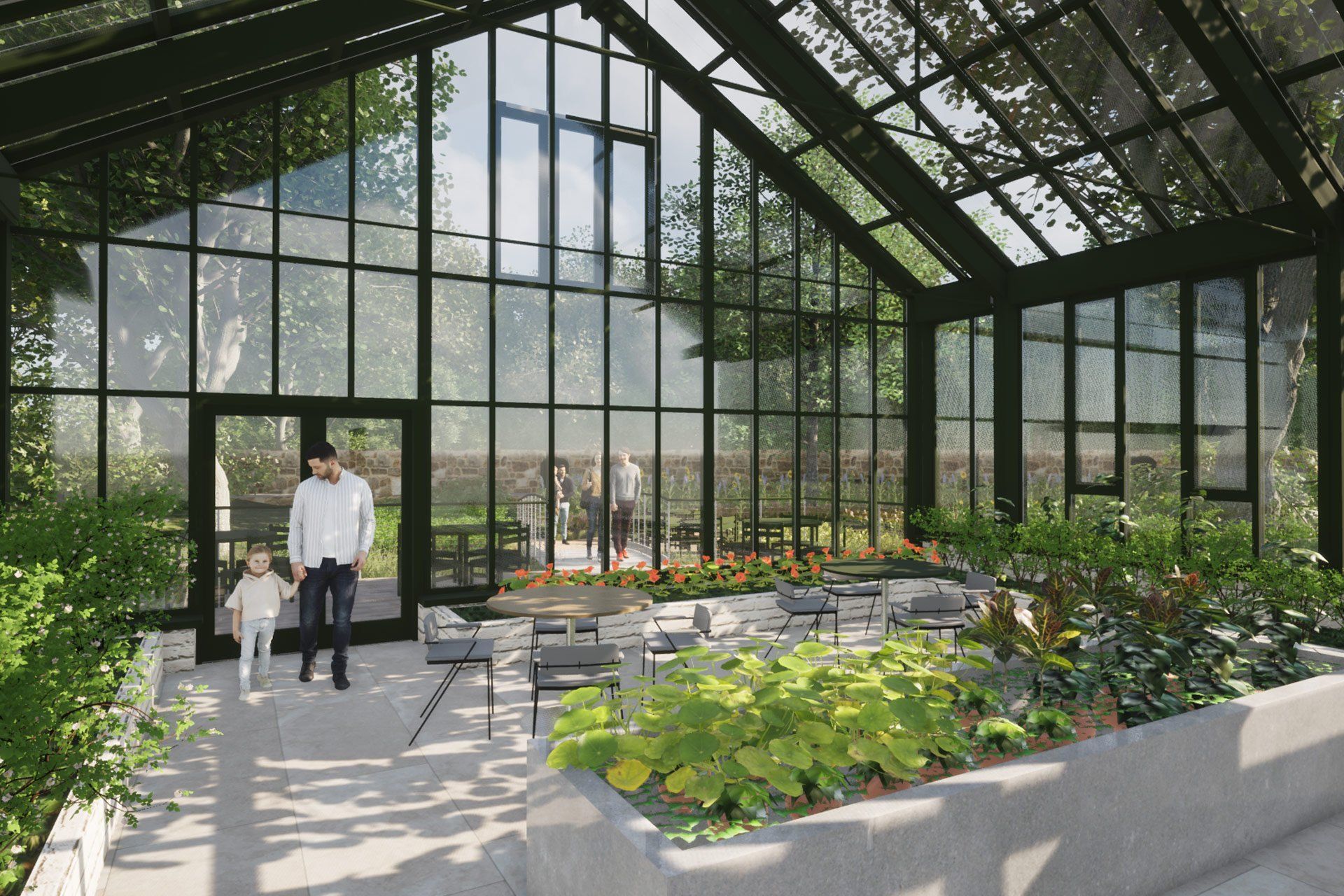 Glass greenhouse dining room with tables, lush plants, and two people standing near the entrance.