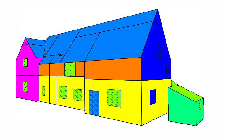 Colorful 3D house with a blue roof, yellow walls, pink end, and green side extension