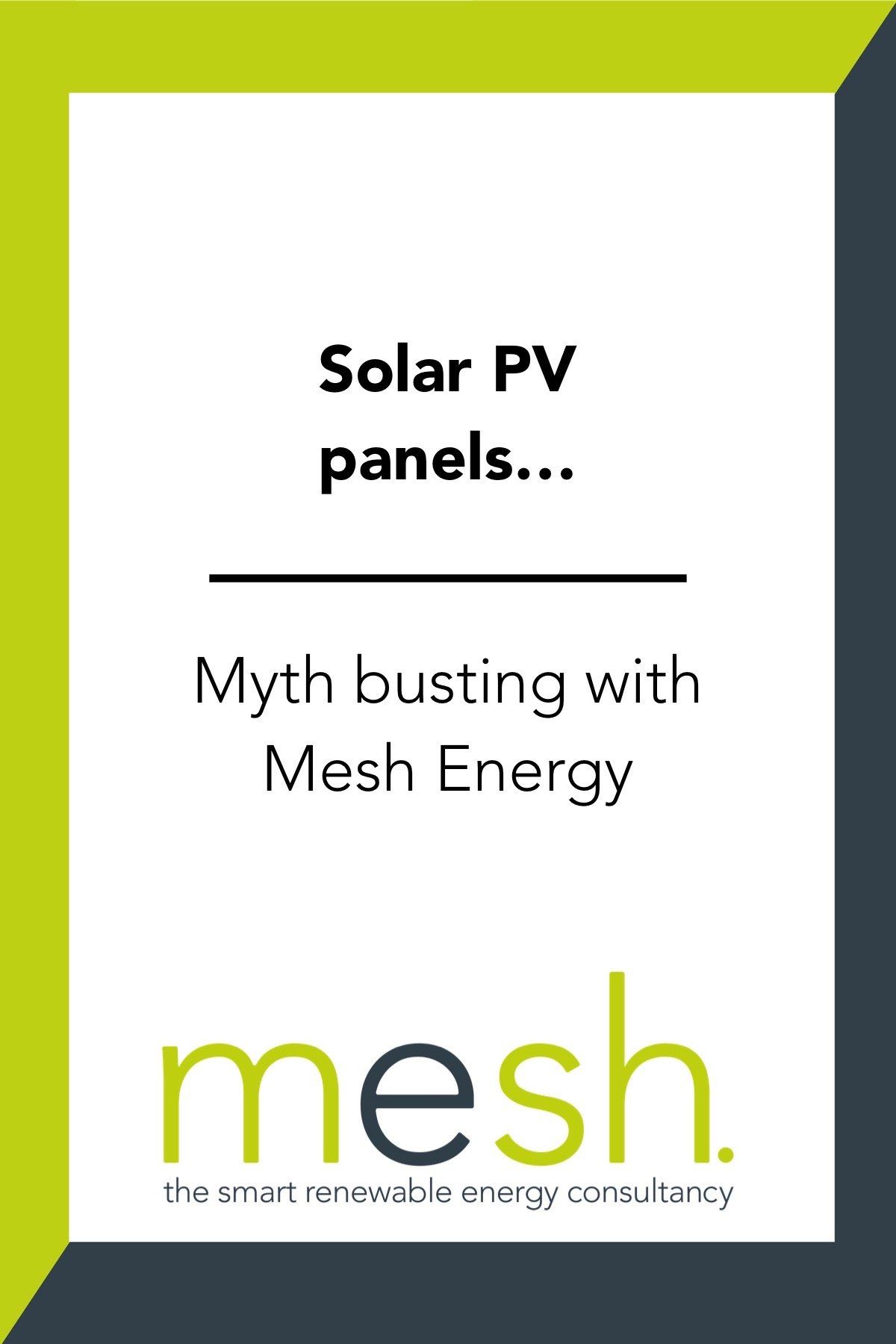 Mesh Energy poster about solar PV panels and busting myths, with green and black branding.