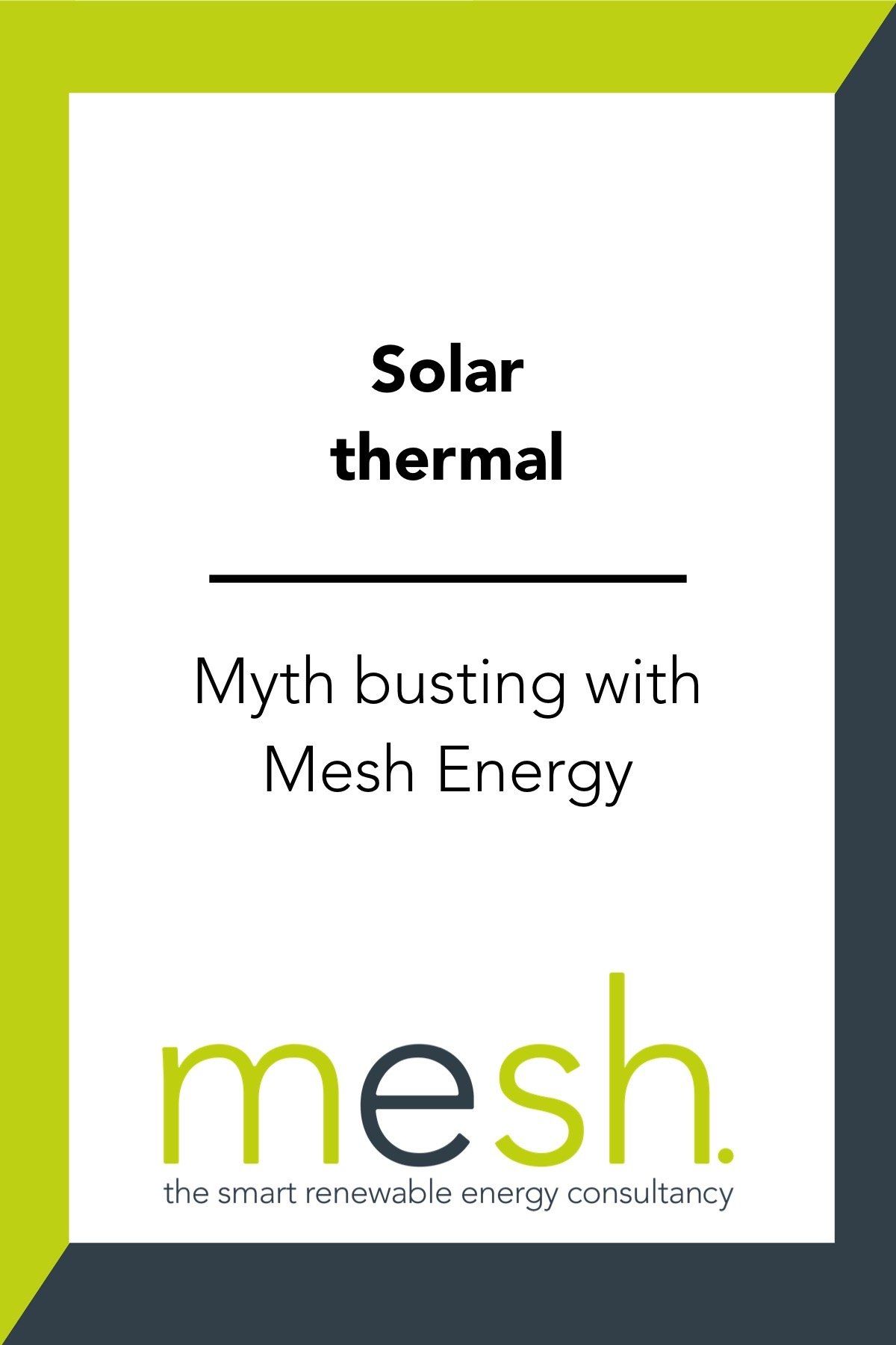 Solar thermal brochure cover with Mesh Energy logo on white, lime green, and black background.