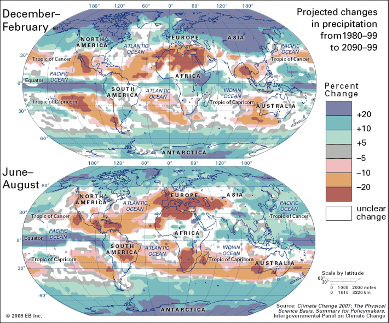 Two world maps of projected seasonal precipitation changes, with color legend for increase and decrease.