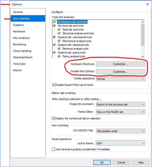 Option settings window with left sidebar and highlighted Customize buttons in the User Interface section