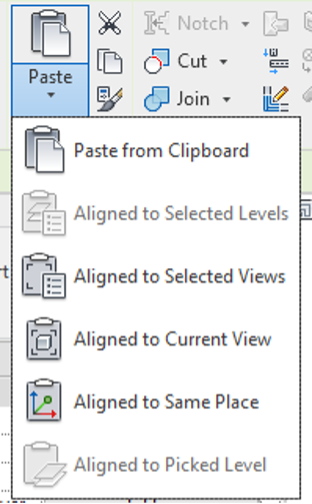 Clipboard dropdown menu with paste alignment options in a Microsoft Office ribbon