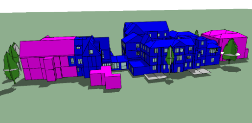 Color-coded 3D building model with magenta, blue, and pink structures on a green base