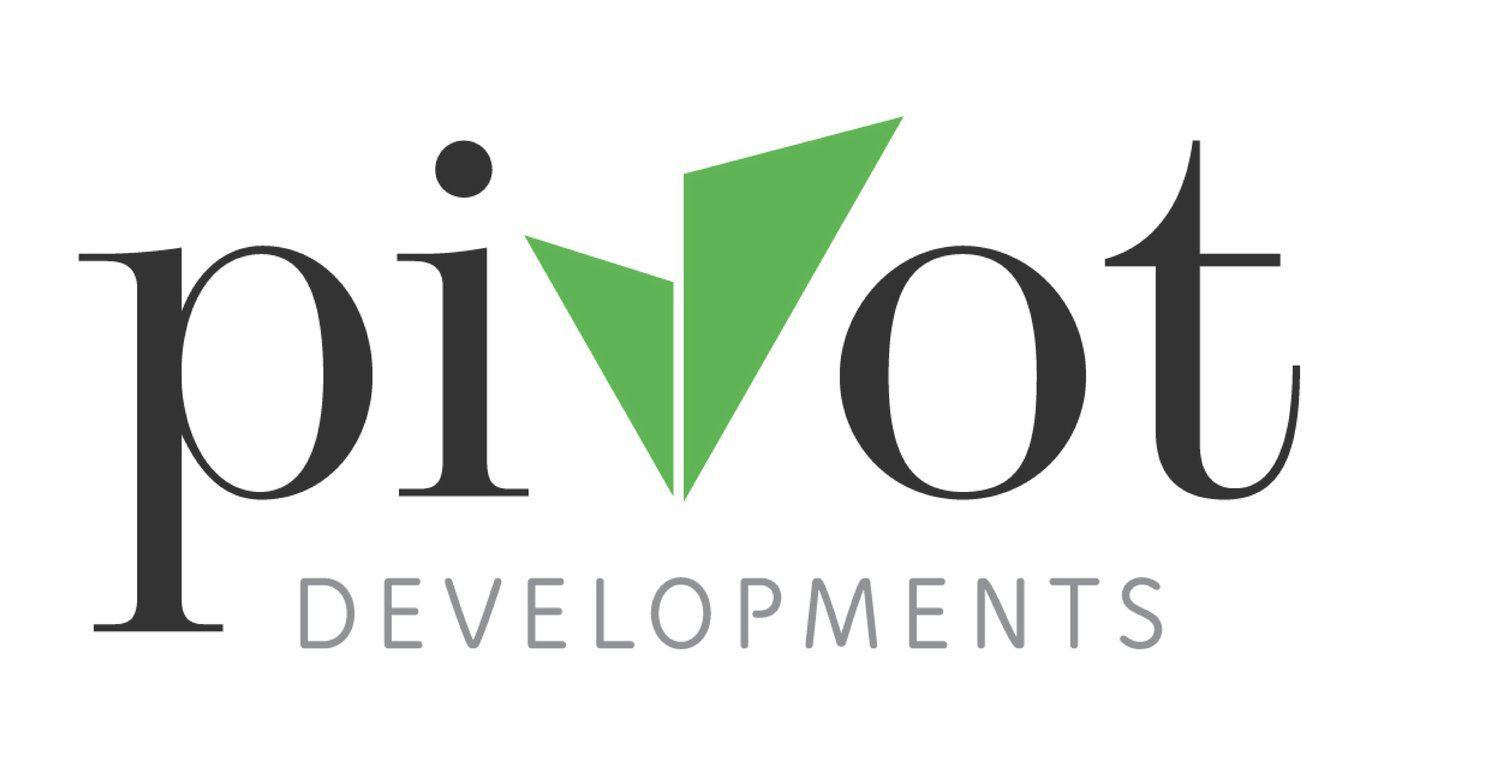 Pivot Developments logo with black lowercase text and a green stylized triangular “v” mark