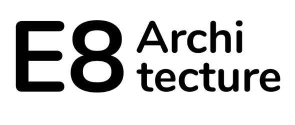 Black-and-white E8 Architecture logo with stylized text