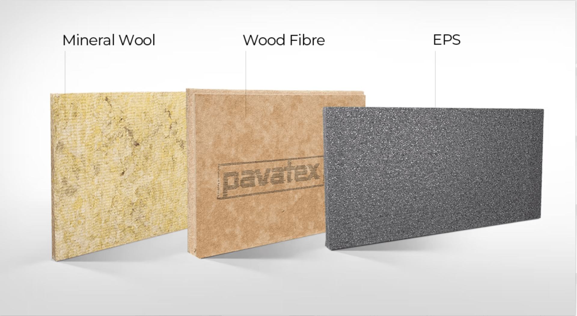 Mineral wool, wood fibre, and EPS insulation boards displayed side by side.