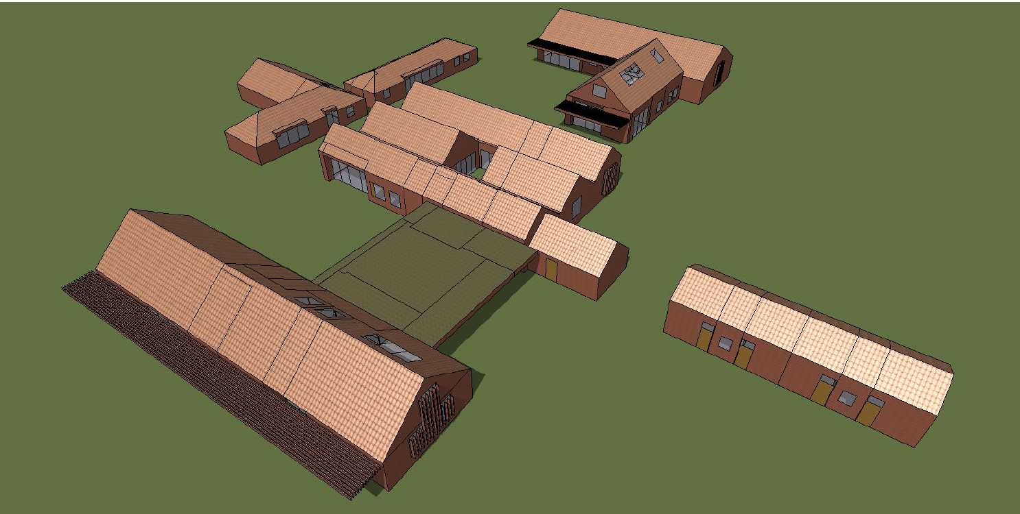 3D view of a small blocky village layout with tan and brown buildings on green ground