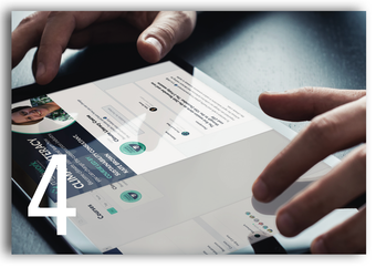 Hands reviewing a white document and tablet on a desk, with a large number 4 overlay.