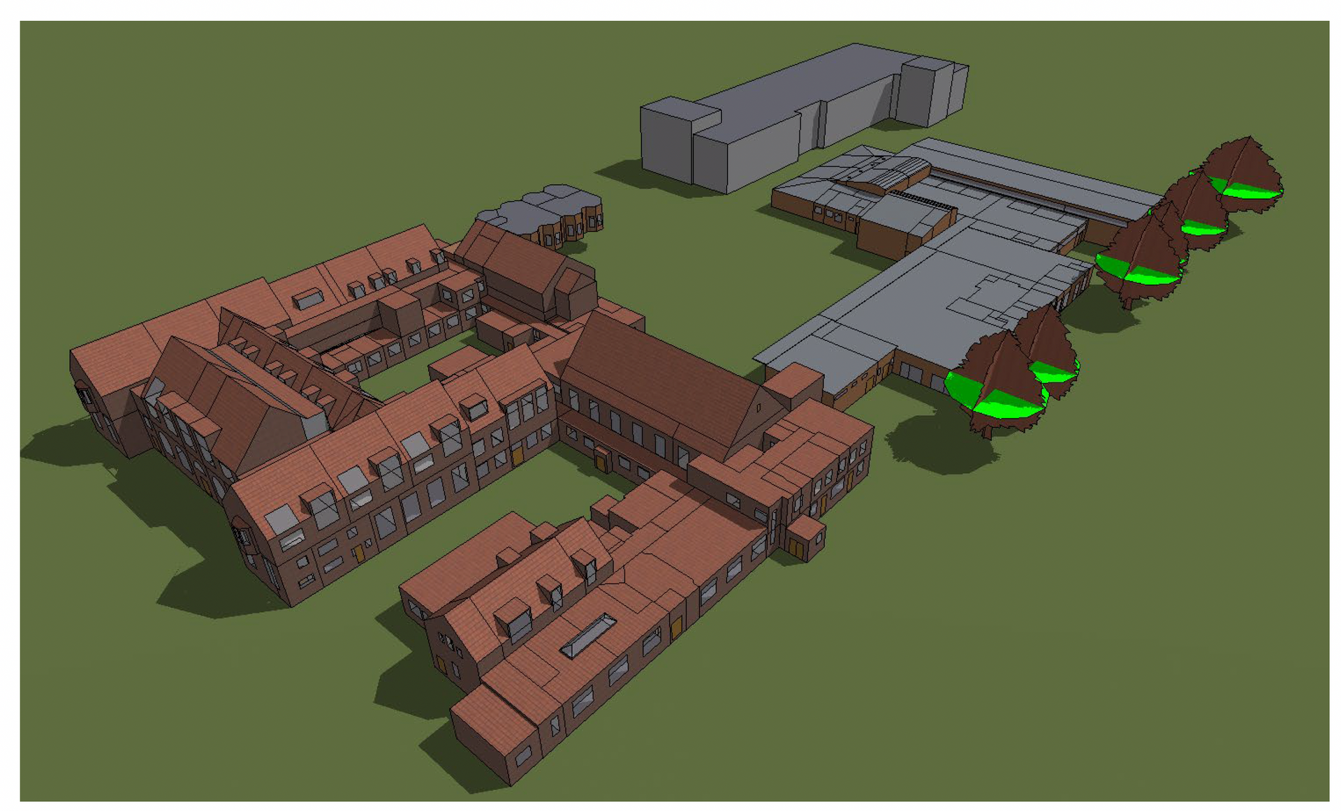 Aerial view of a brown brick campus with connected buildings and gray walkways, plus green tents on the right.