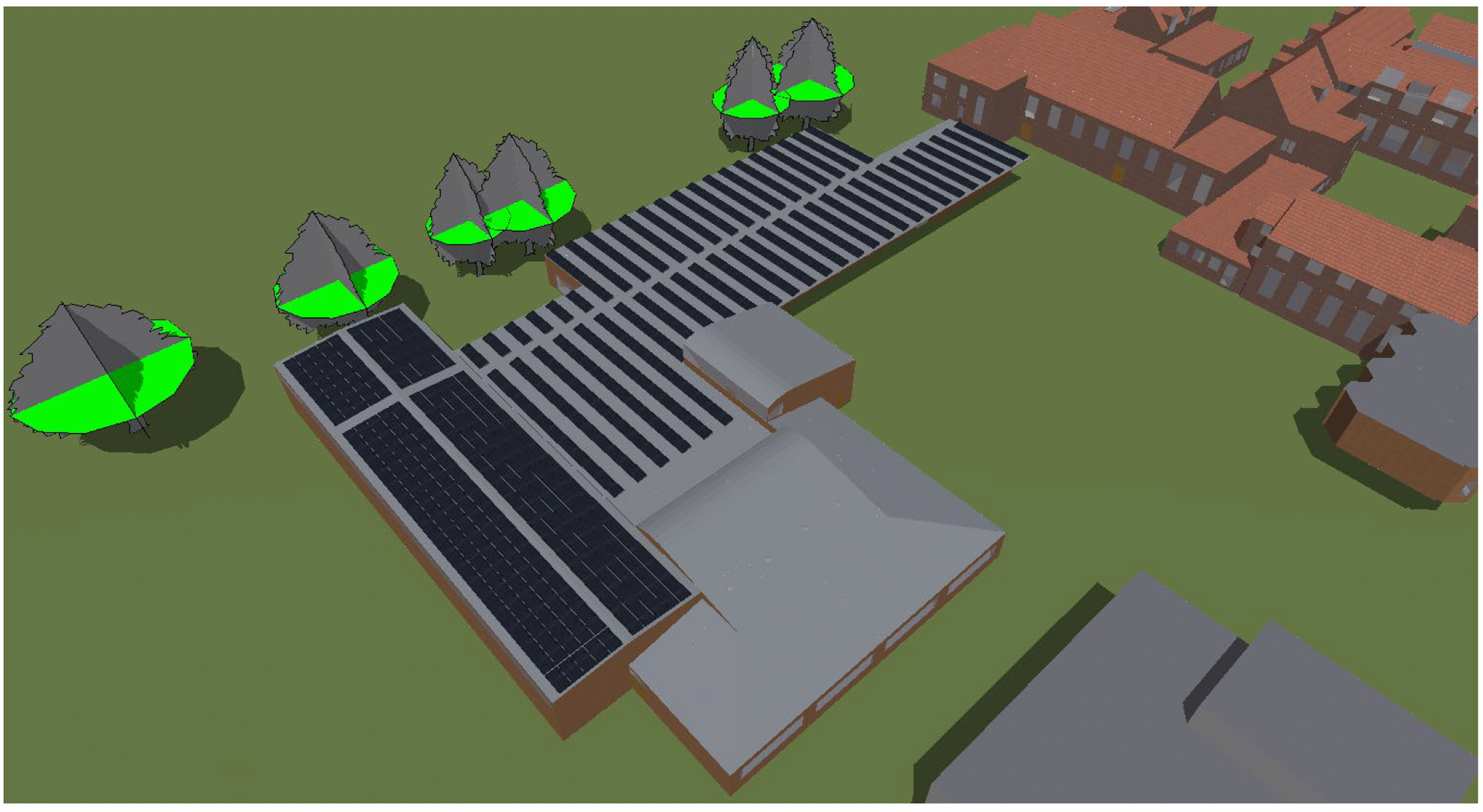 Aerial view of a solar panel array on a building with nearby trees and rooftops