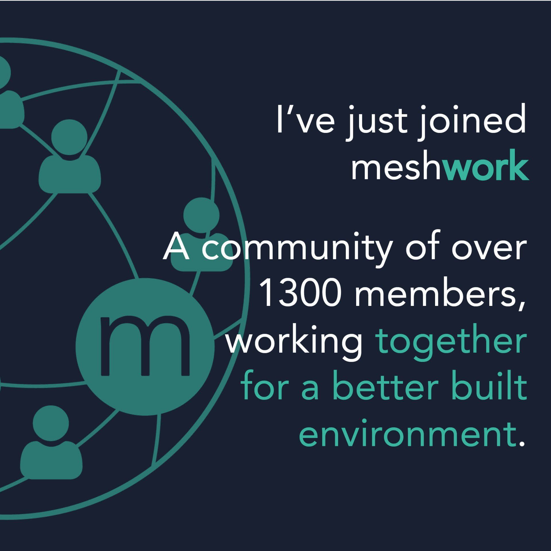 Meshwork community graphic with teal icons and text about 1,300 members building a better environment.