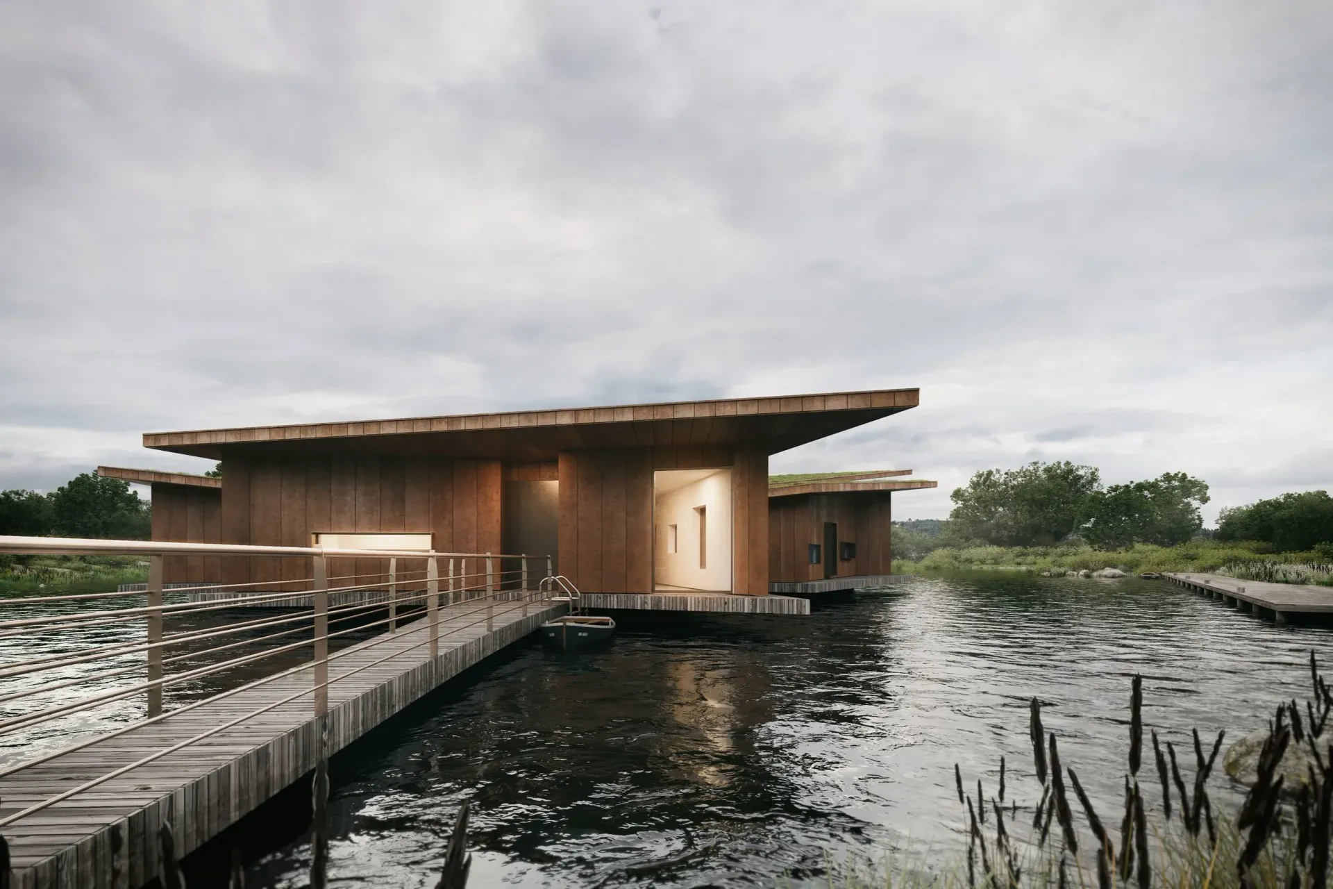 Modern wooden pavilion over a reflective pond under a cloudy sky, with a walkway on the left