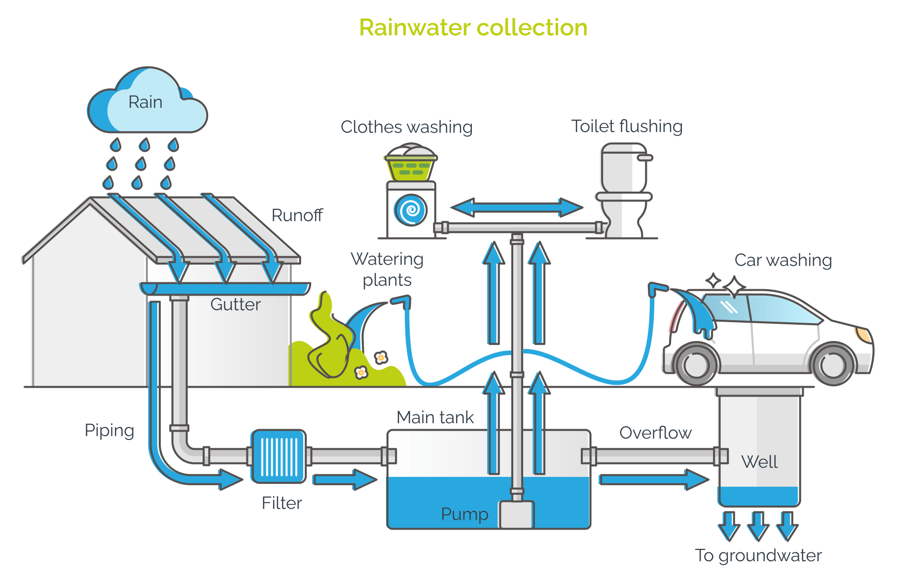 Rainwater collection diagram showing roof runoff filtered into storage, then used for washing a car and plants