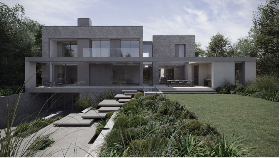 Modern gray two-story house with large windows, patio, stepping stones, and landscaped front yard