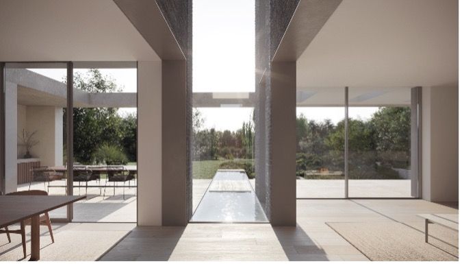 Modern courtyard with concrete columns, glass walls, and a long reflecting pool leading to a bright view.