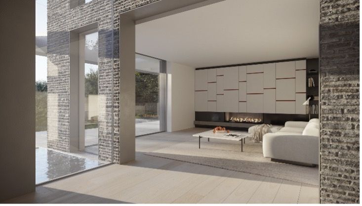 Modern living room with white sectional sofa, low coffee table, and stone columns framing an open interior.