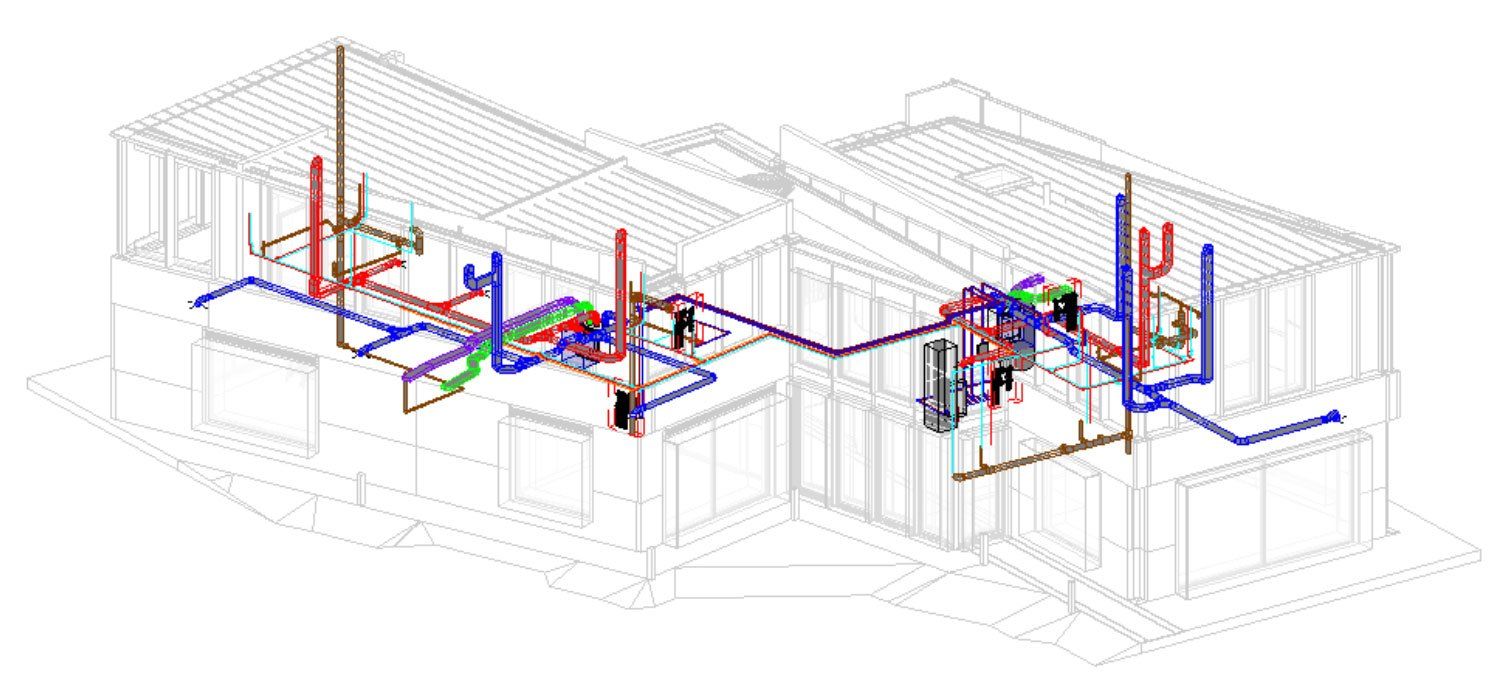 Color-coded plumbing and HVAC pipes mapped through a house floor plan
