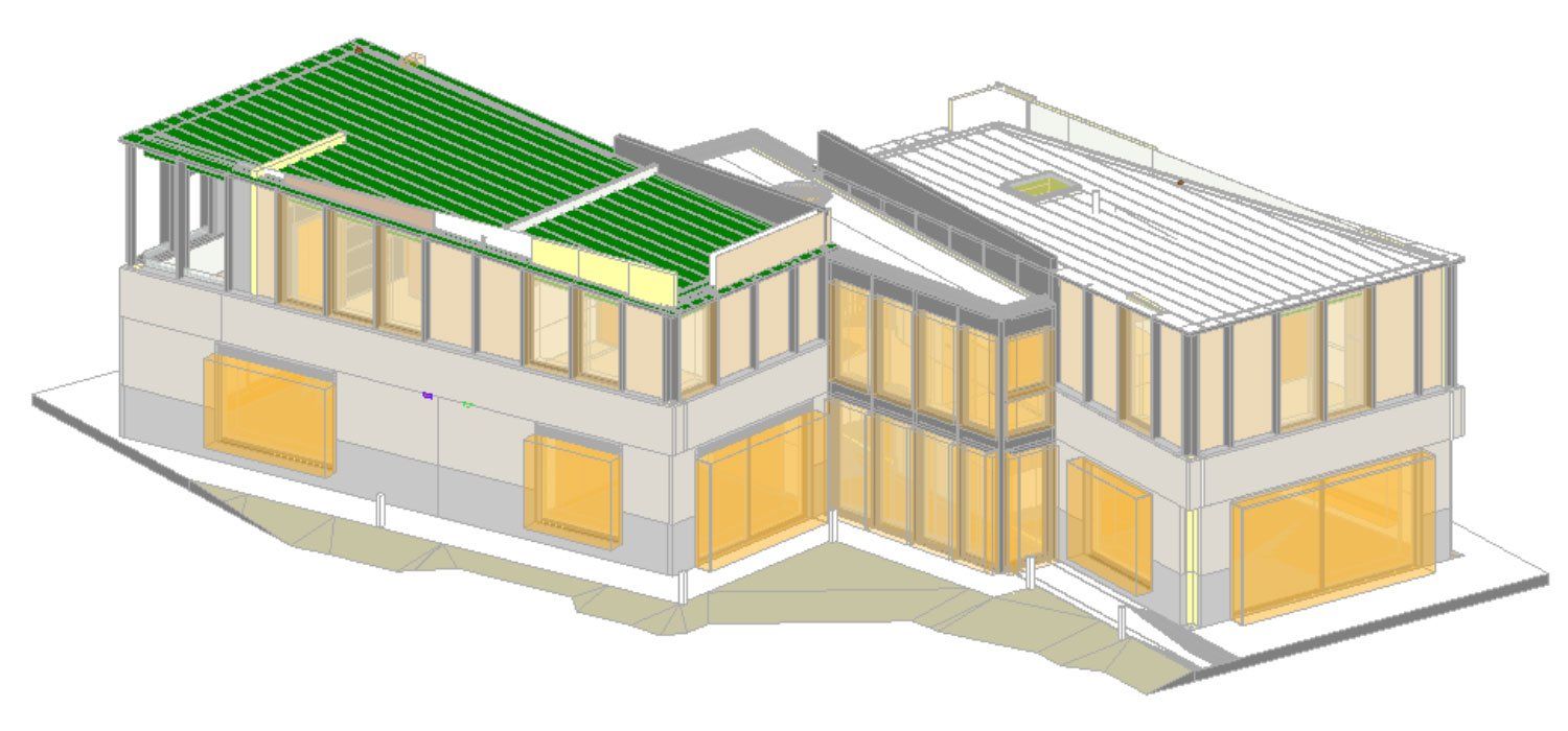 3D rendering of a modern two-story building with white walls, yellow accents, and a green roof