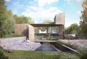 Modern house with large windows and wood panels beside a reflecting pool in a green landscape