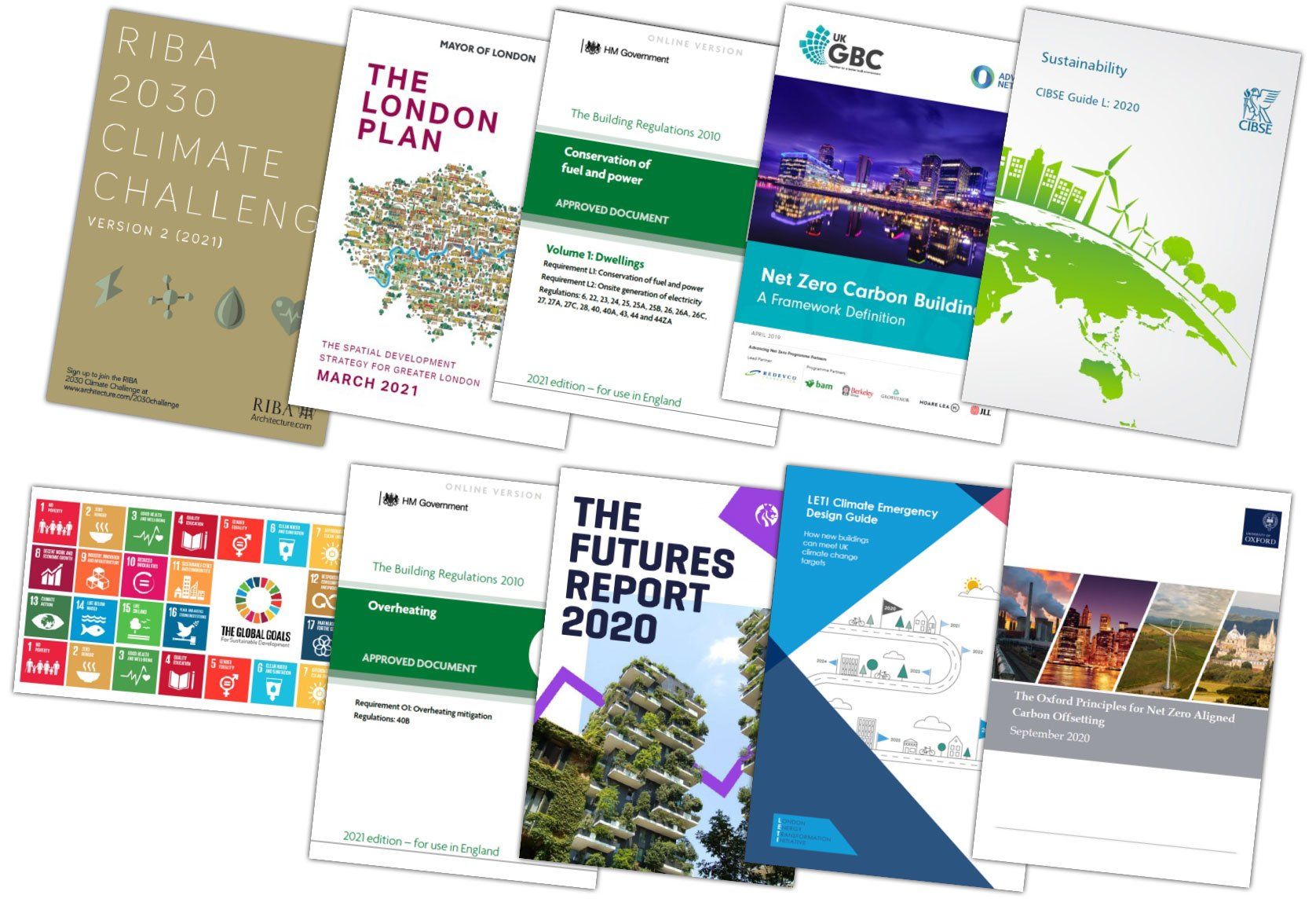 Collage of urban planning report covers in white, green, blue, and gold designs.