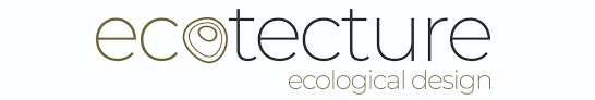 Ecotecture logo with gray lowercase text and green leaf-like roof line, “ecological design” tagline below