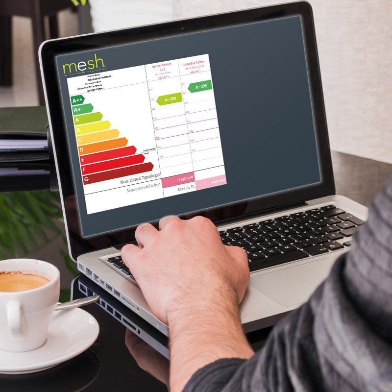 Person using a laptop showing a colorful dashboard chart on a desk beside a coffee cup