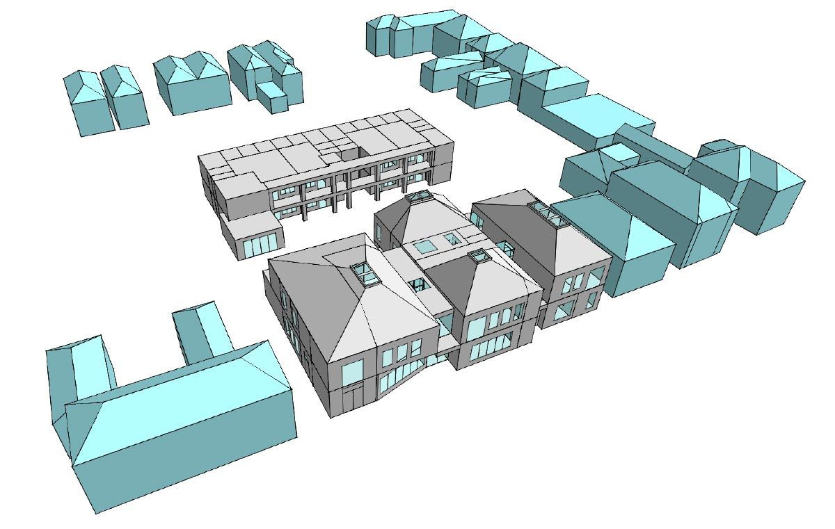 3D architectural site plan of clustered buildings in light blue, gray, and white on a white background