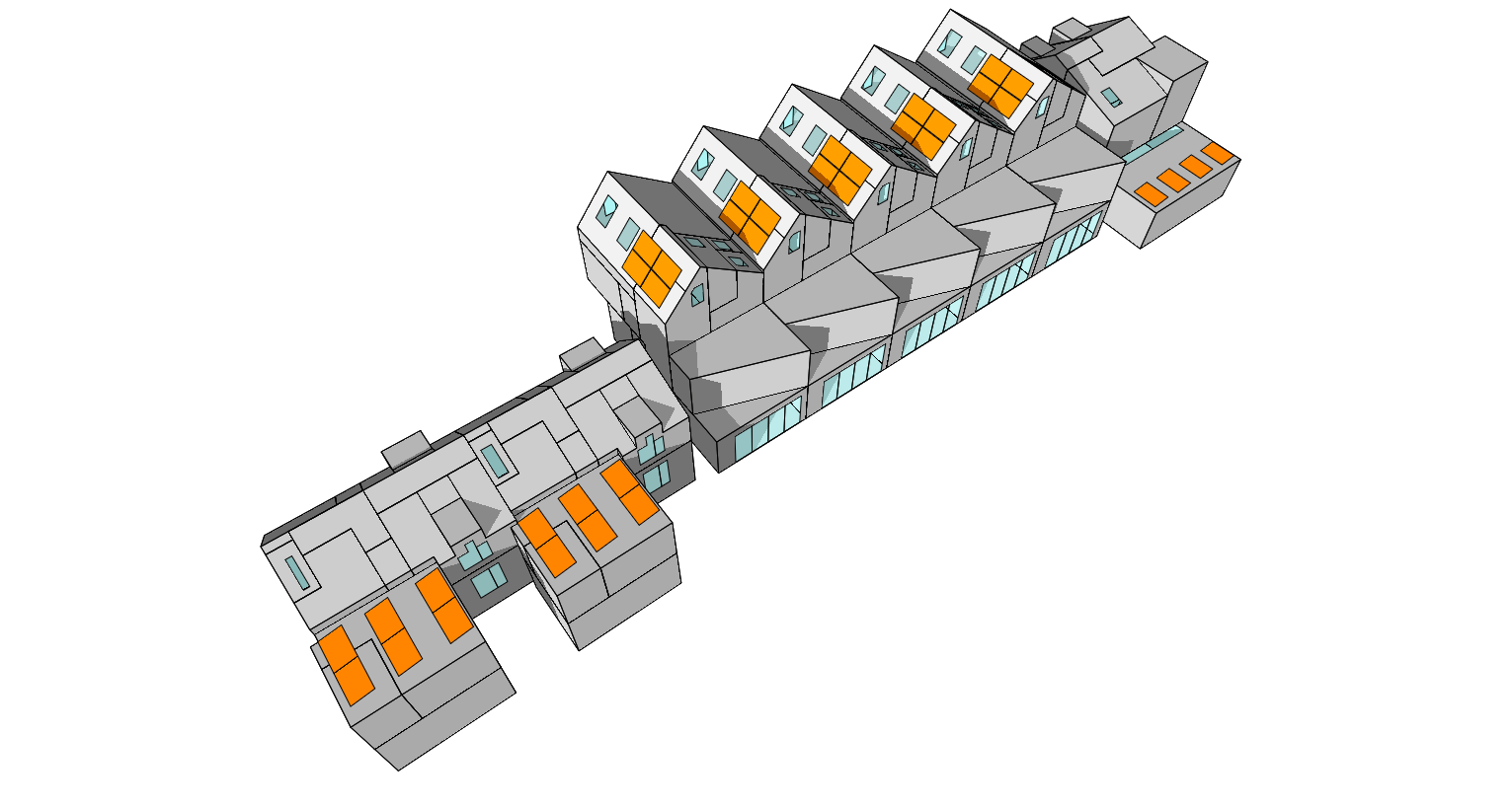 3D schematic of a conveyor or assembly line with gray modules and orange components