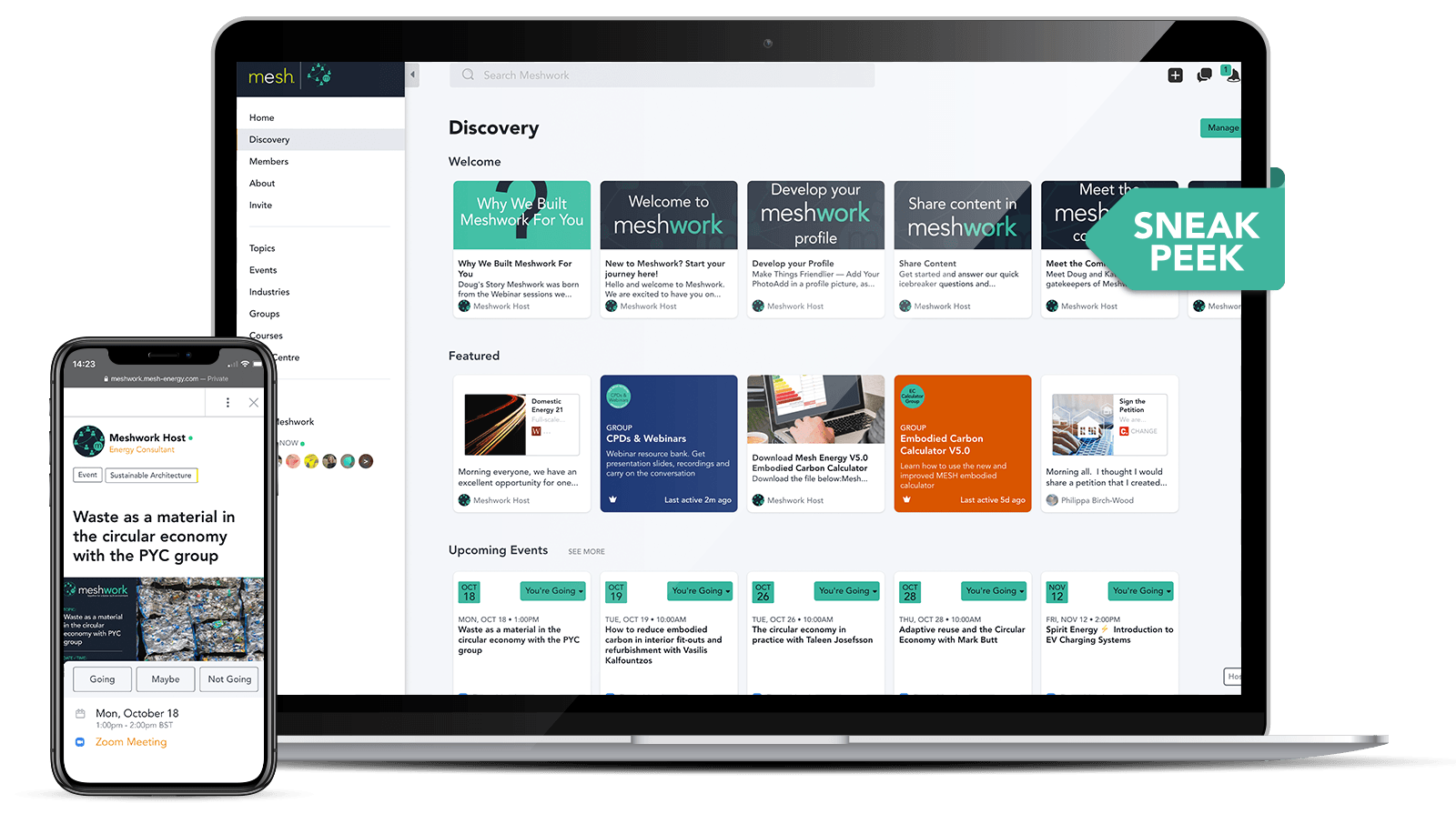 Laptop and phone showing a design dashboard with project thumbnails and a green “Sneak Peek” badge