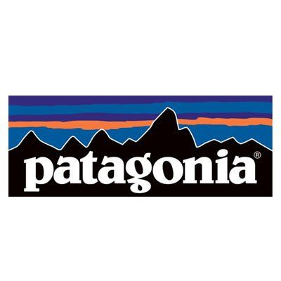 Patagonia logo with white text over a black rectangle and mountain silhouette under blue-orange sky band