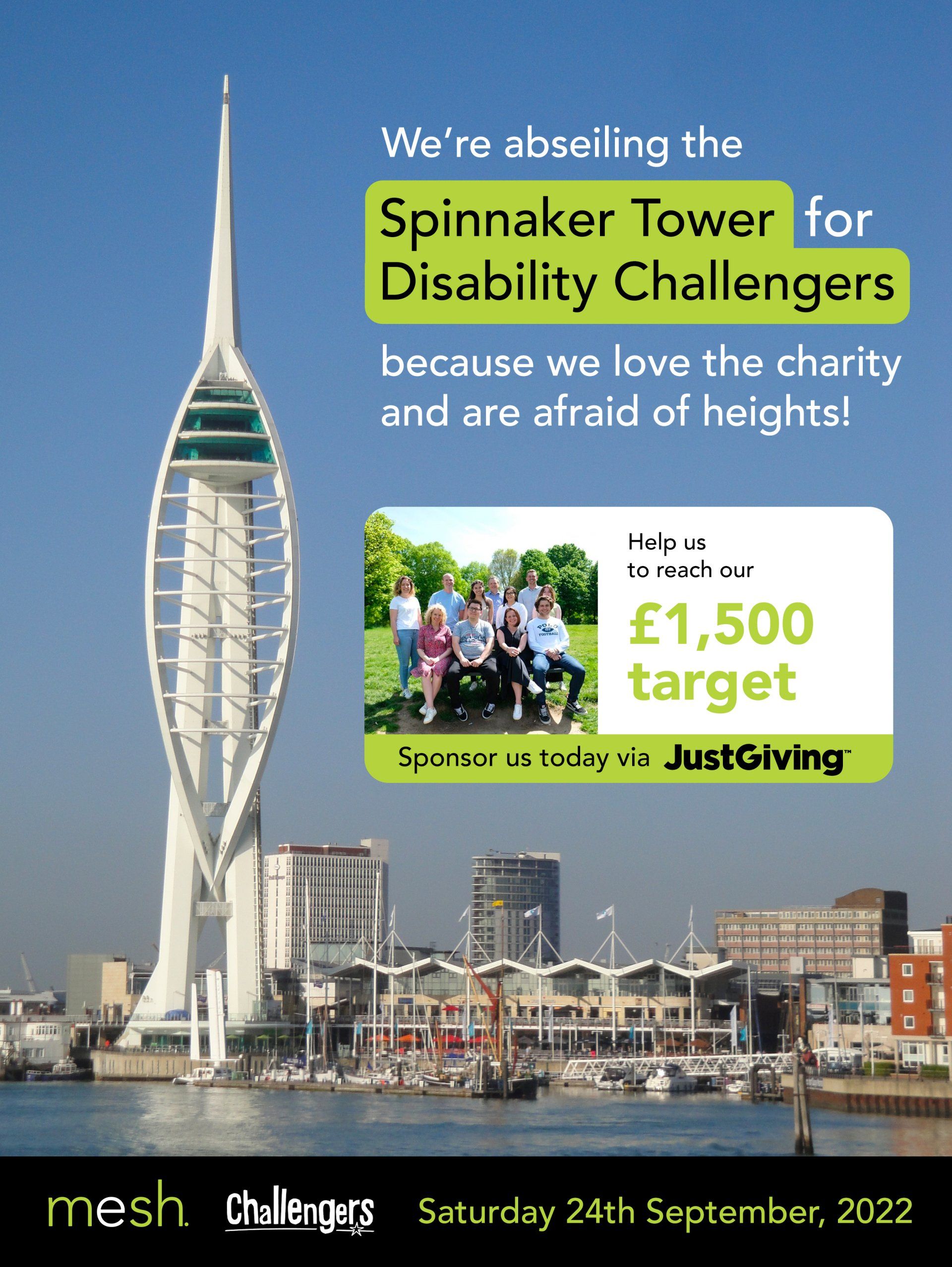 Spinnaker Tower disability challenge poster with tower photo, charity text, and JustGiving fundraiser details
