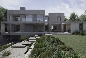 Modern gray two-story house with large windows, stone walkway, and landscaped front yard