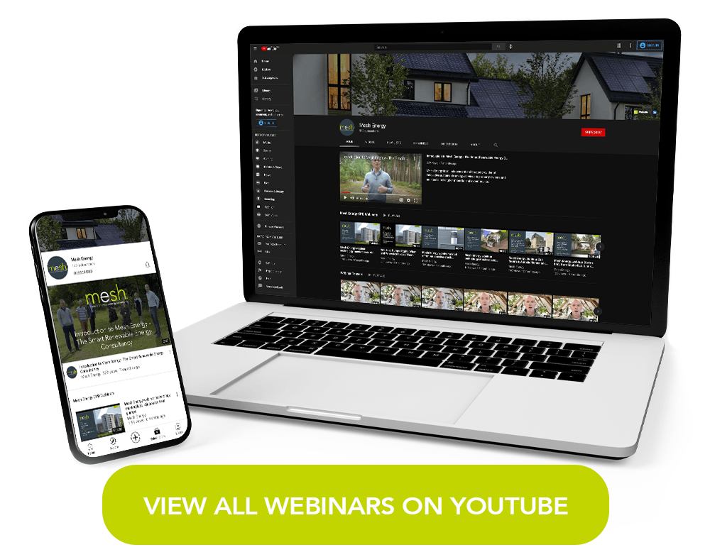 Laptop and smartphone showing a YouTube webinar page with a green “View all webinars on YouTube” button
