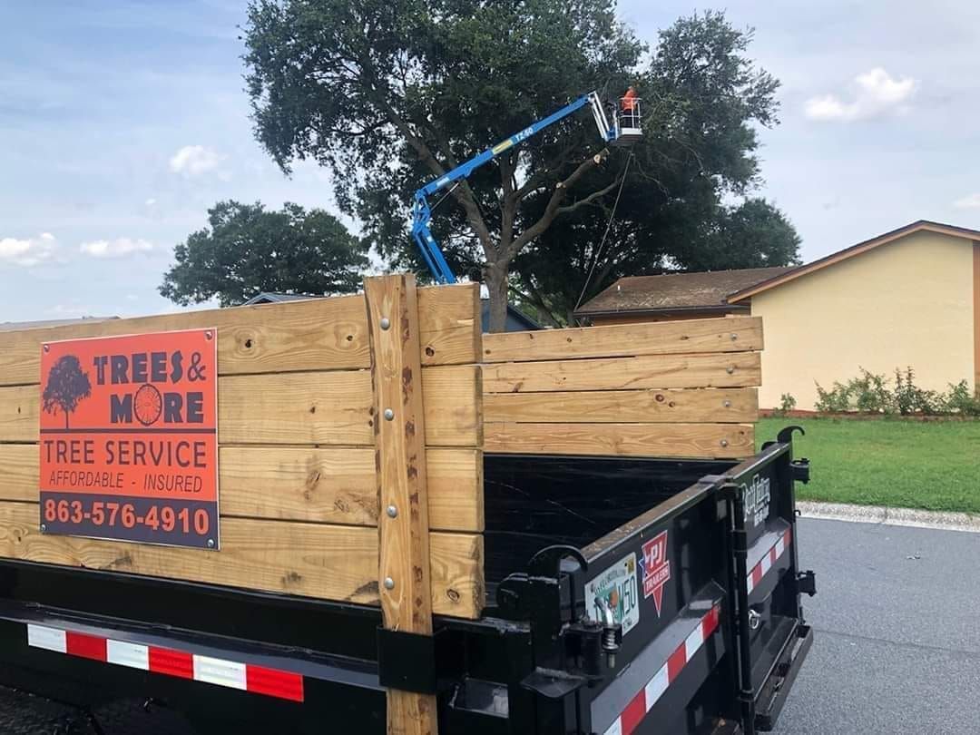 Tree service truck with wooden sides and a blue boom lift parked on a roadside.