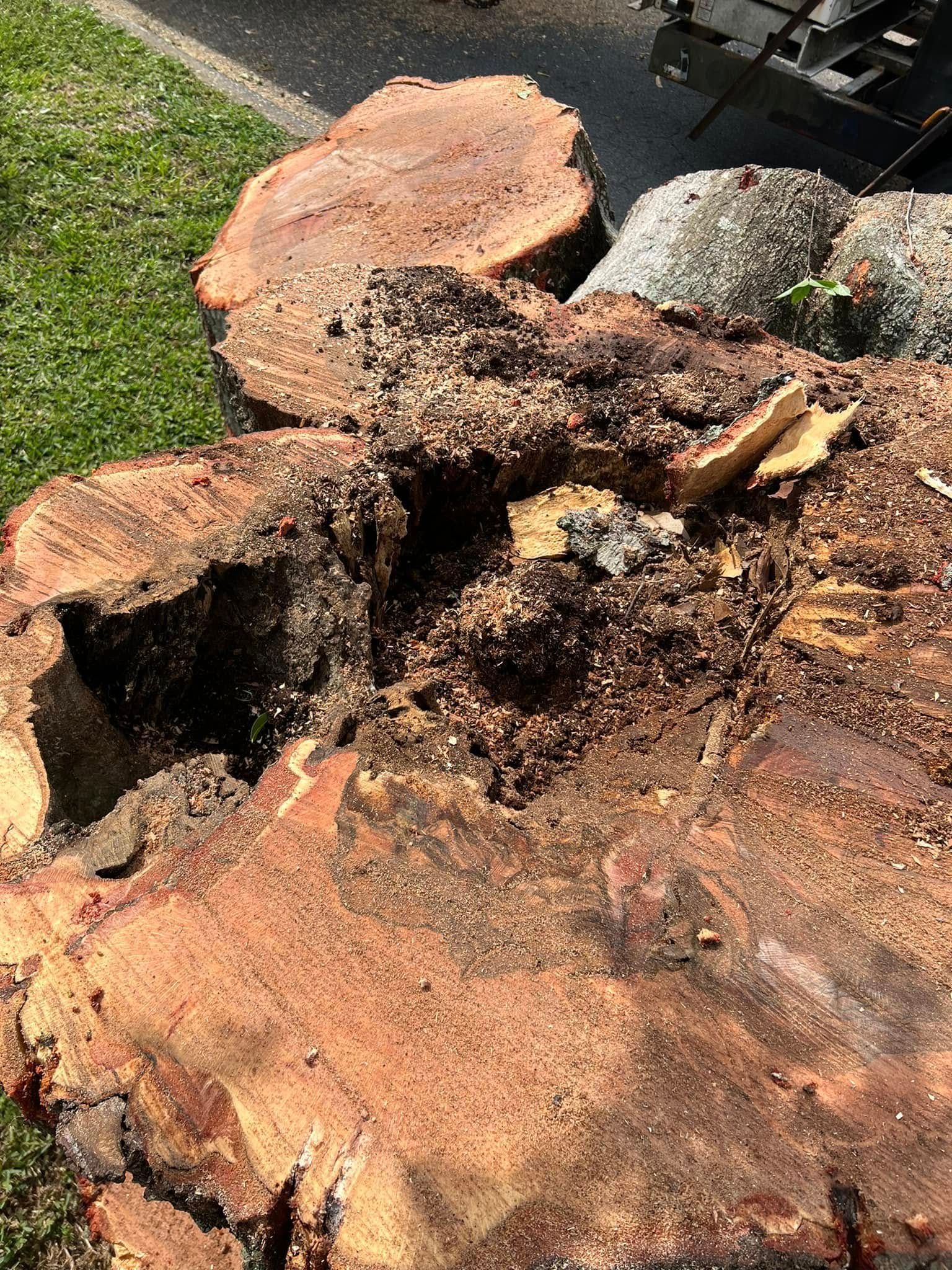 Close-up of a broken garden rock fountain with dirt and debris in sunlight