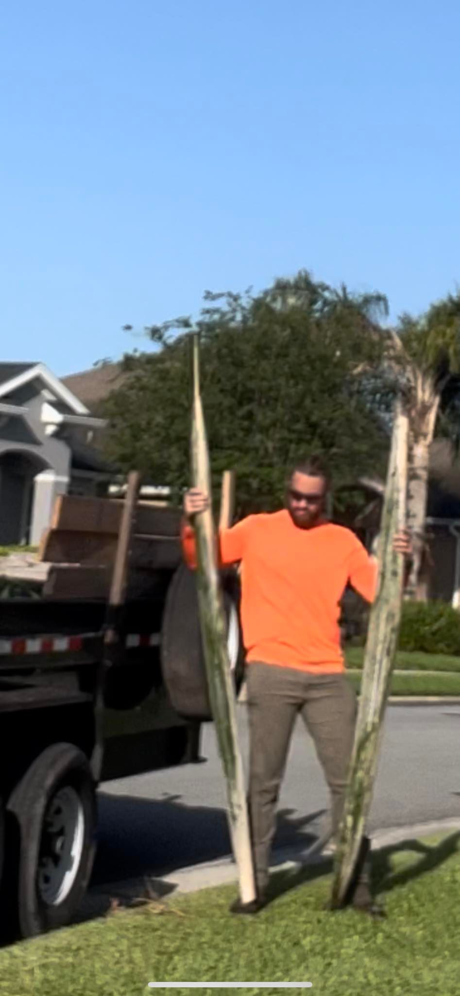 Man in orange shirt holding a tall palm trunk beside a truck on a suburban street