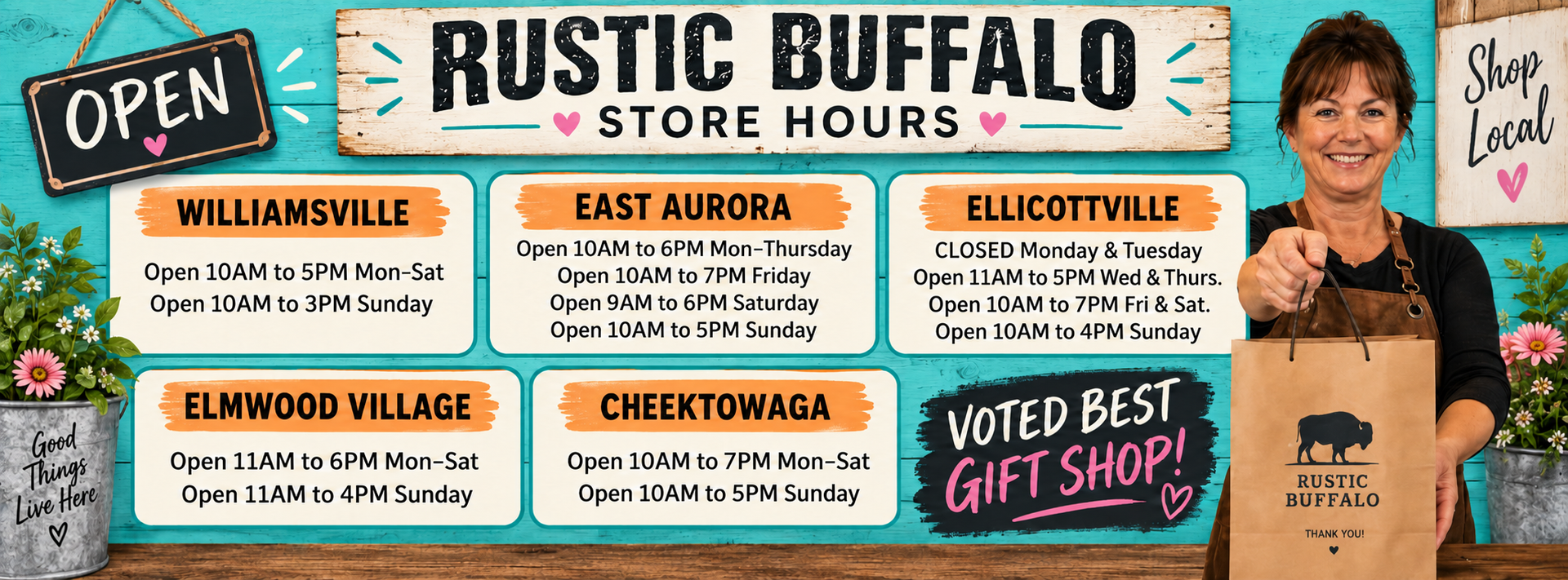 An advertisement for rustic buffalo north tonawanda east aurora williamsville ellicottville and elmwood village