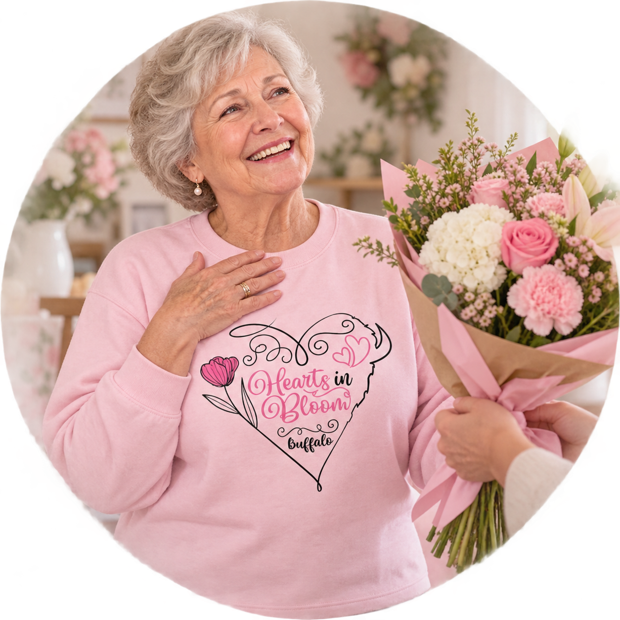 Smiling woman in a pink sweatshirt receiving a bouquet of pink and white flowers