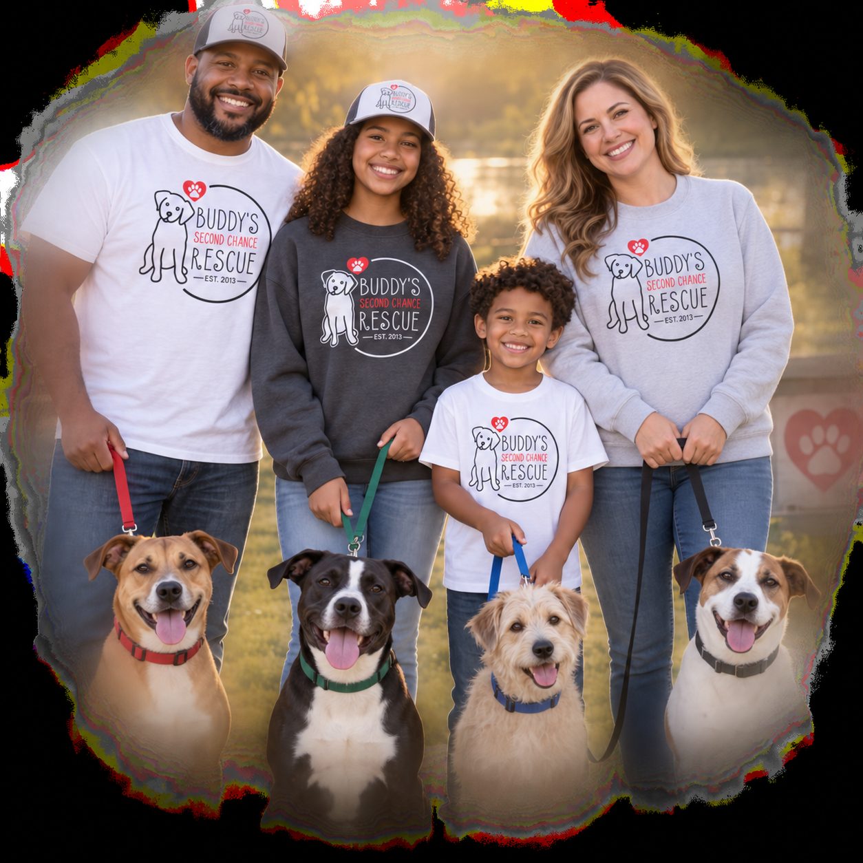 Four people in matching holiday shirts stand with four dogs against a festive background.