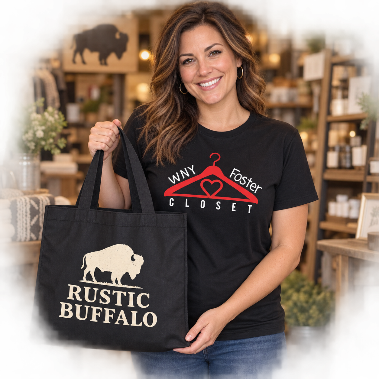 Woman holding Rustic Buffalo tote bag and wearing WNY Foster Closet shirt in a store.