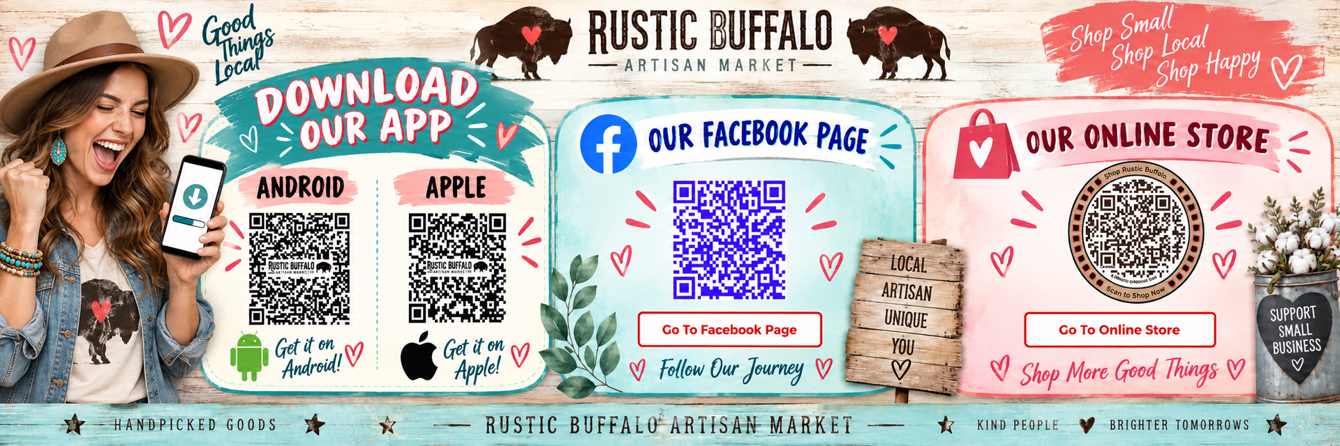 Rustic Buffalo promo banner with woman, app download, Facebook page, and olive store QR codes in pink and teal.