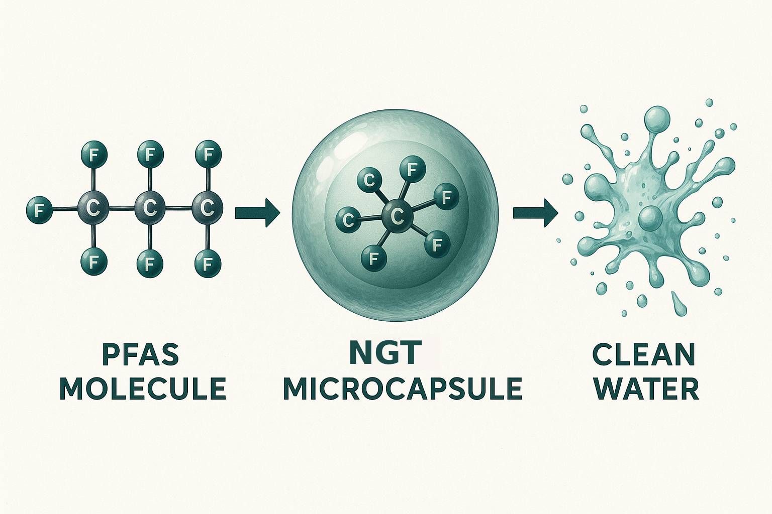 A diagram showing how a molecule becomes a microcapsule and cleans water.