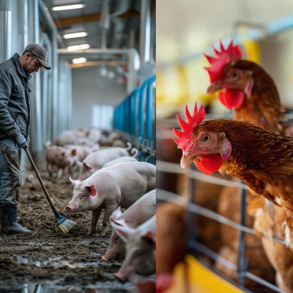 A man is sweeping the dirt next to pigs and chickens
