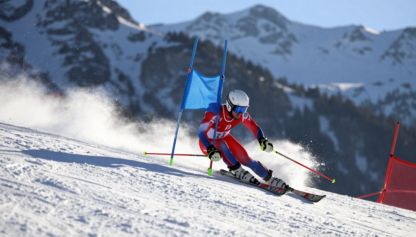 Alpine ski racer carving around a blue gate on a snowy race course