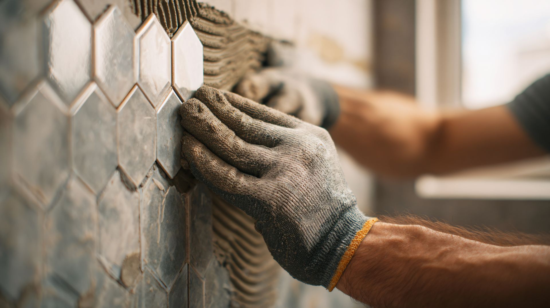 Hands in work gloves pressing a gray, hexagonal tile onto a wall covered in combed mortar.