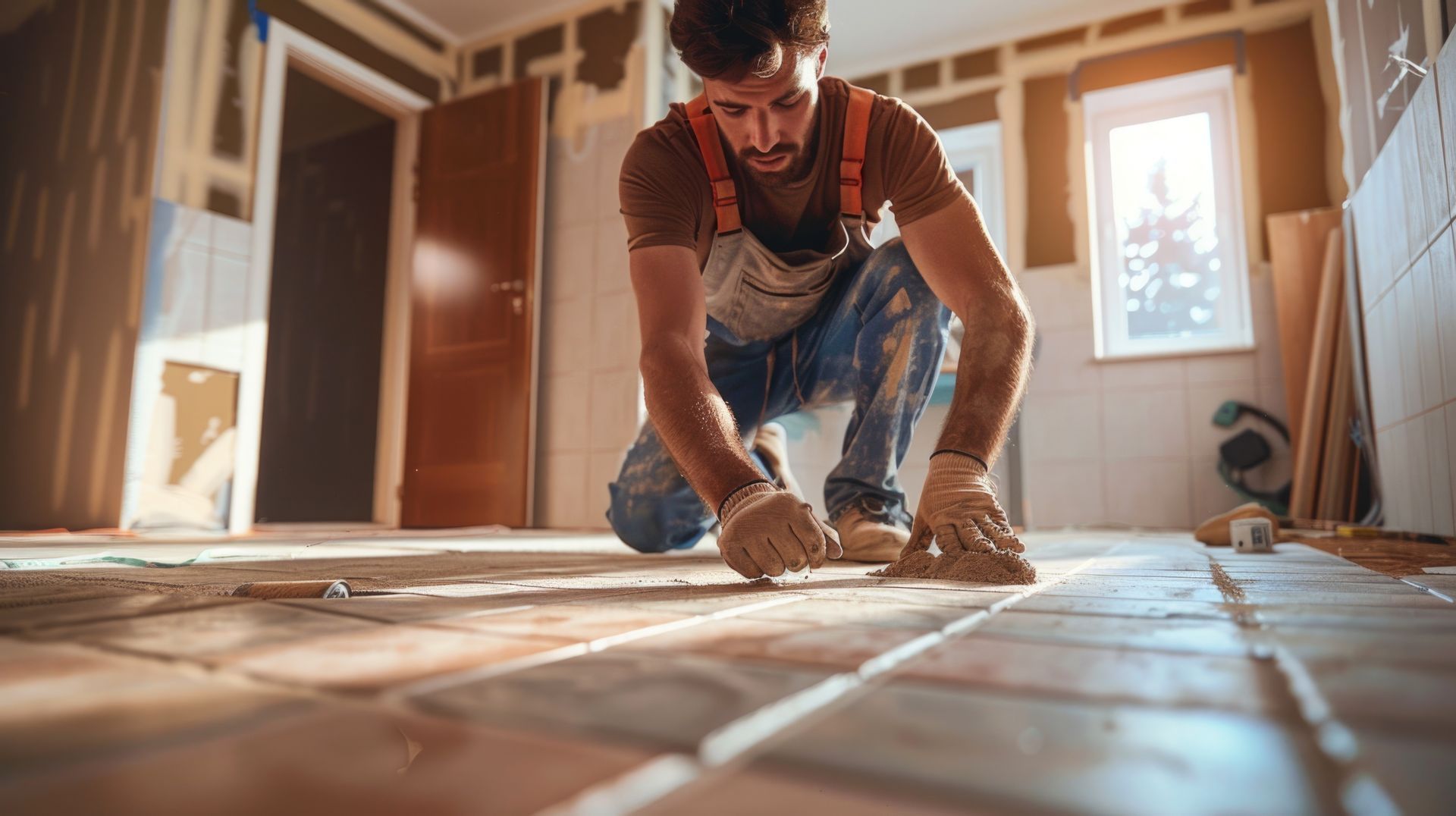 A person in work clothes kneeling on the floor, installing square, earthy-toned tiles in a room under construction.