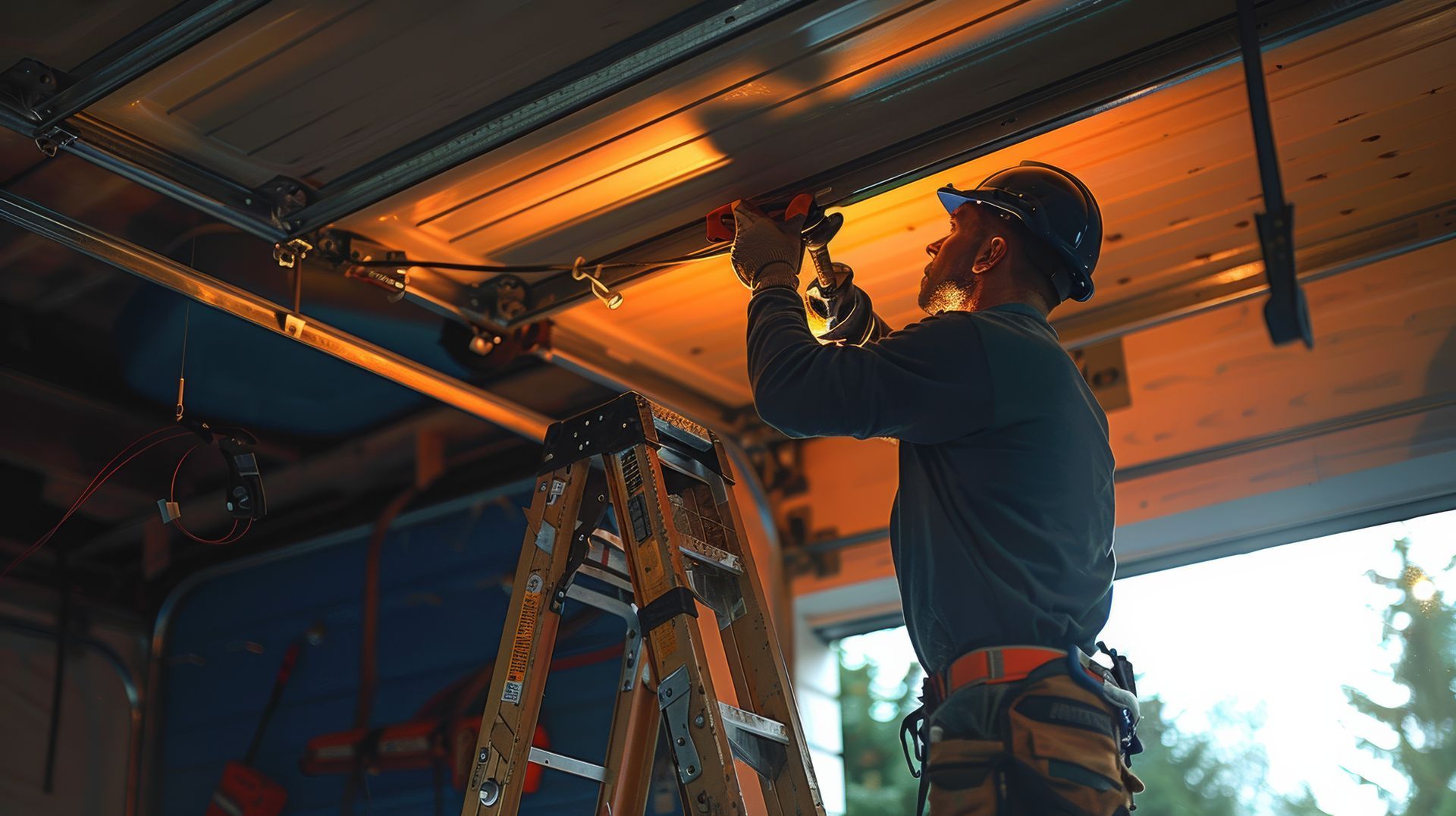 A technician in a hard hat and tool belt stands on a ladder, repairing the tracks of a garage door ceiling mechanism.