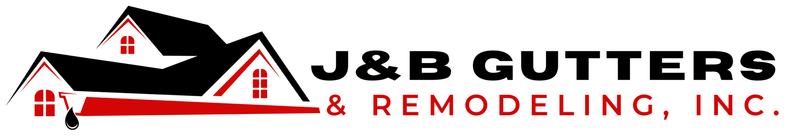 J&B Gutters & Remodeling, Inc. logo with black roof and red house icons on white background