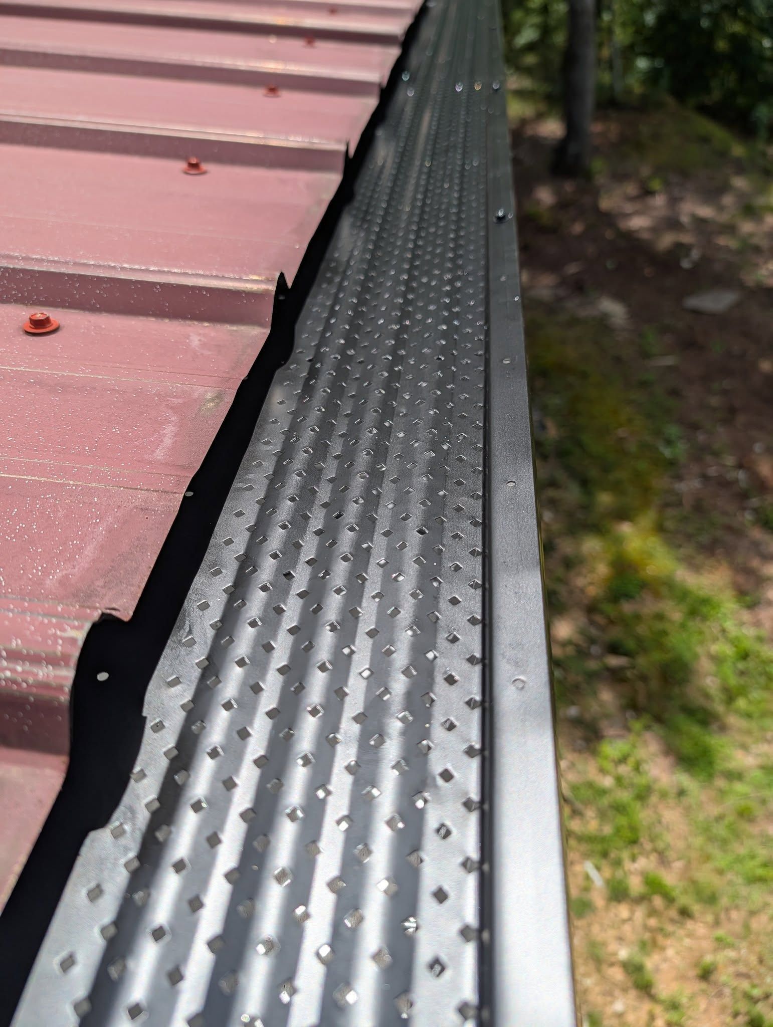 Red metal roof edge with black gutter guard and a gutter beside grass below.